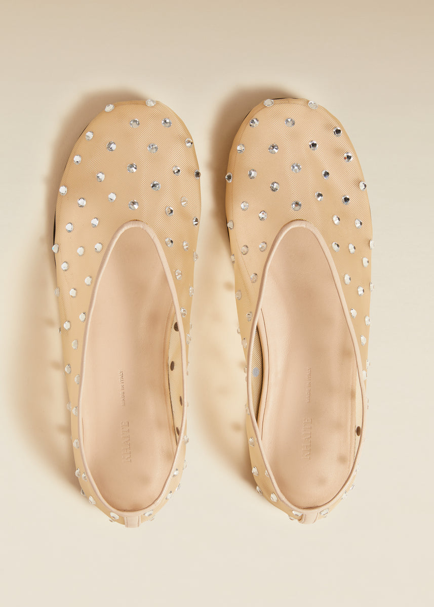 The Marcy Flat in Beige Mesh with Crystals blackpink