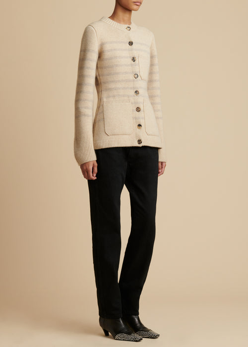 The Suzette Cardigan in Butter and Powder Stripe